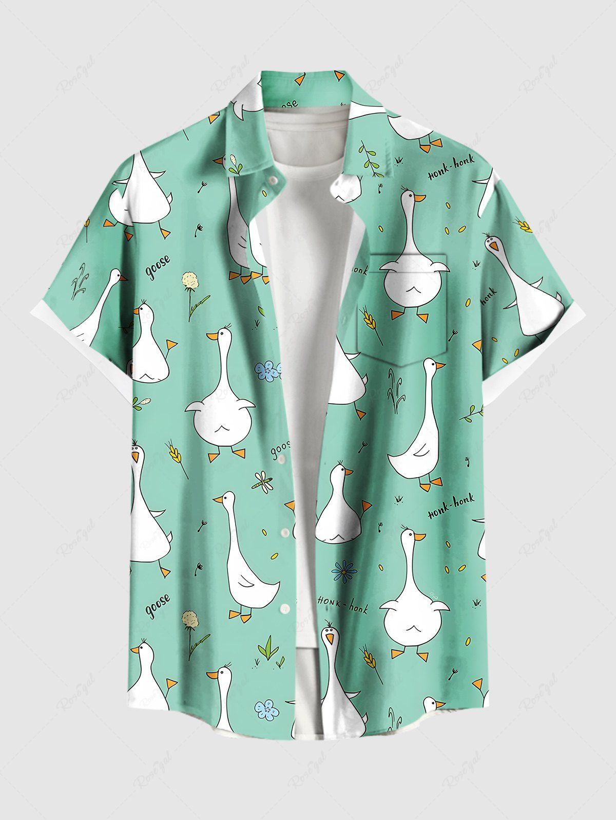 Sale Plus Size Goose Flowers Dragonfly Wheat Print Buttons Pocket Hawaii Shirt For Men  