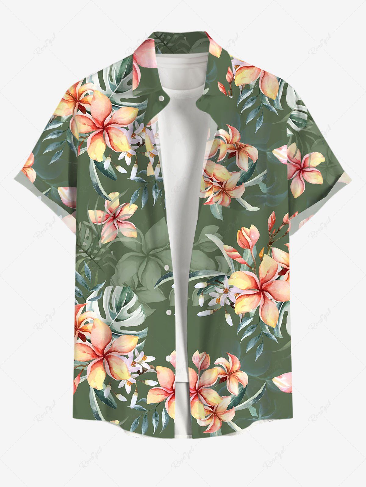 Hot Plus Size Flowers Tropical Leaf Print Buttons Pocket Hawaii Shirt For Men  