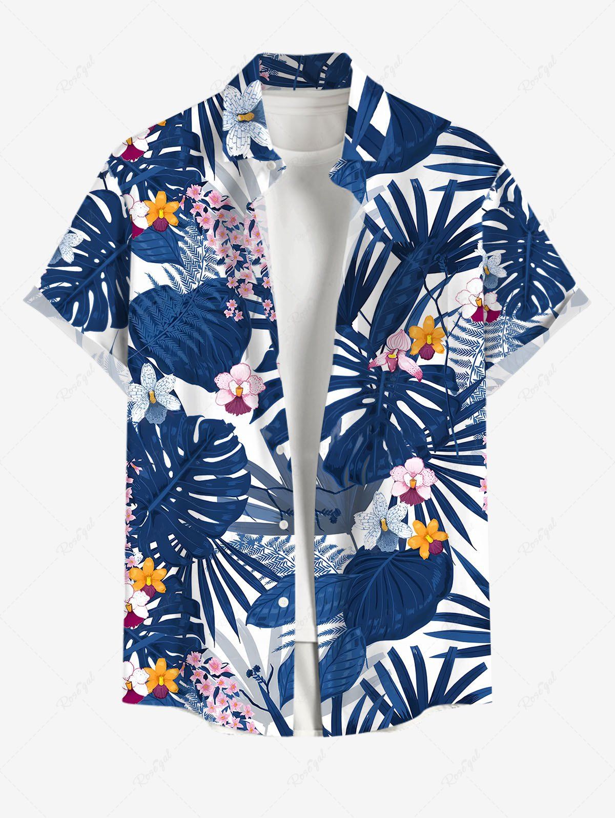 Outfit Plus Size Tropical Leaf Flowers Print Buttons Pocket Hawaii Shirt For Men  