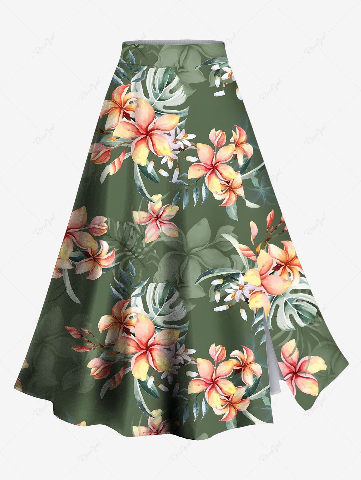 Fancy Plus Size Flowers Tropical Leaf Print Split Hawaii Skirt  