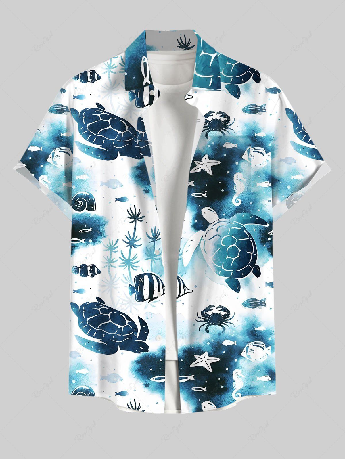 Shop Plus Size Turtle Crab Fish Sea Creature Pritn Buttons Pocket Hawaii Shirt For Men  