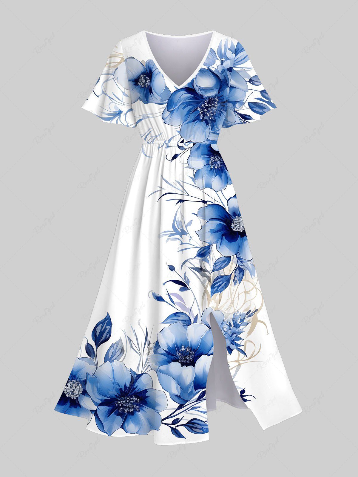 Robe mi-longue hawaïenne fendue à imprimé fleurs et feuilles grande taille Bleu XXS
