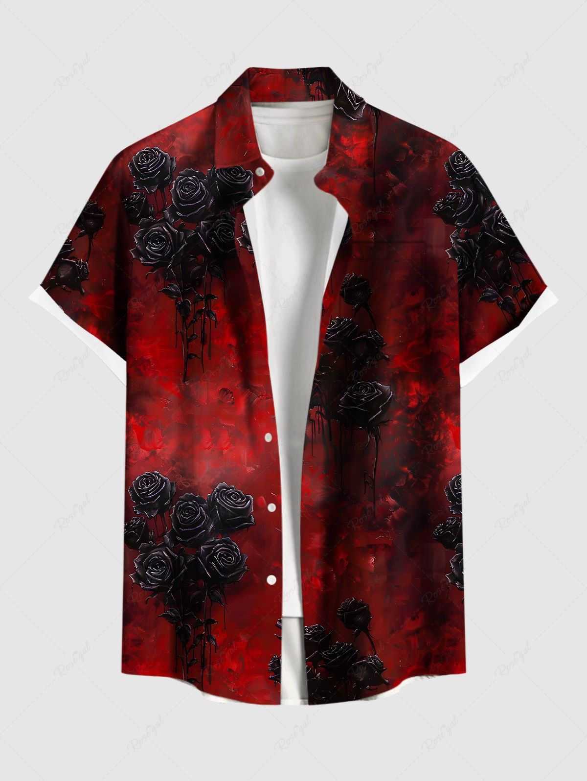 Fashion Plus Size Tie Dye Ombre Rose Flower Print Halloween Button Pocket Shirt For Men  
