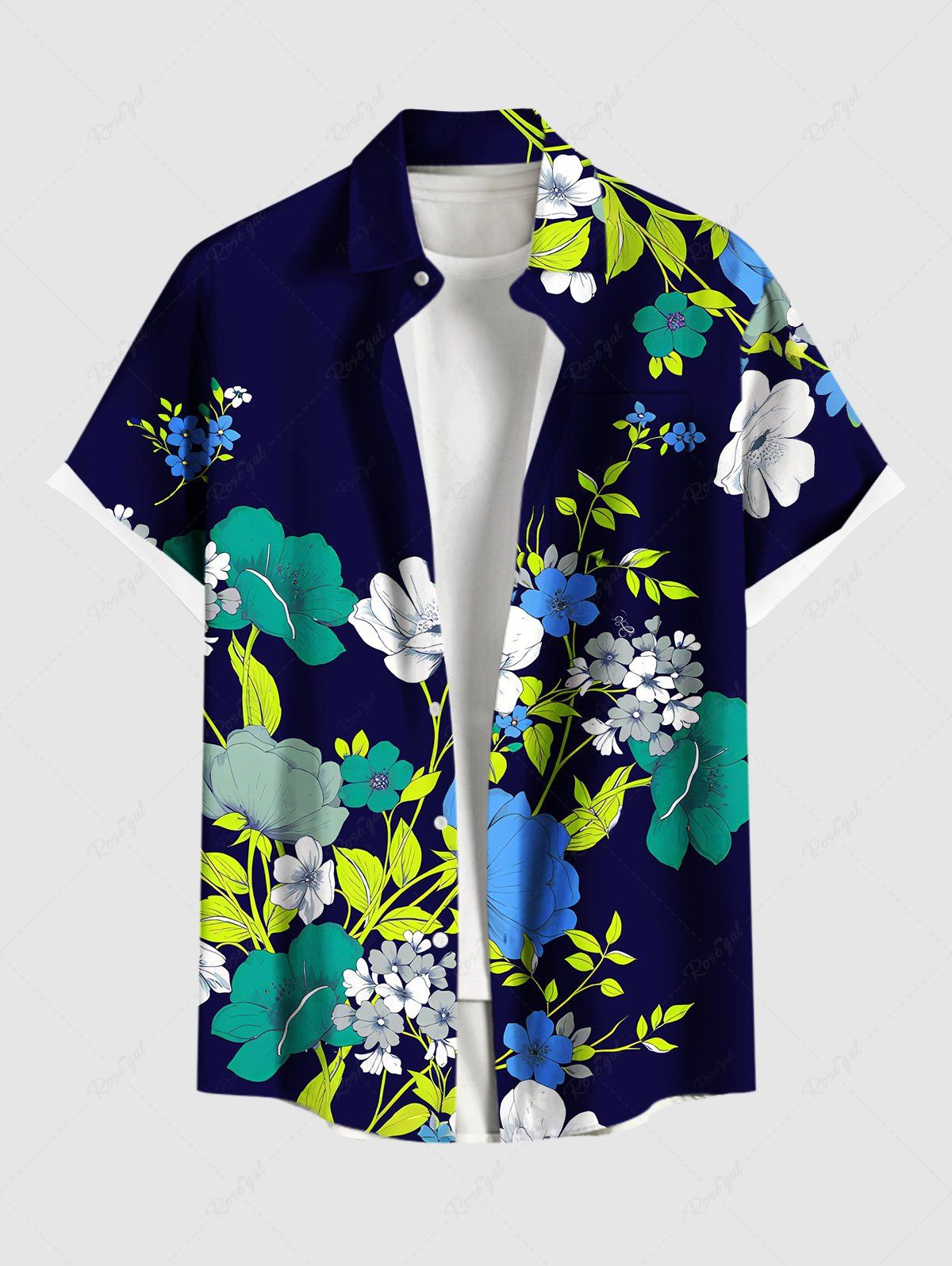 Chemise hawaïenne grande taille à imprimé floral, feuilles et branches, avec poches boutonnées pour homme Bleu profond 3XL