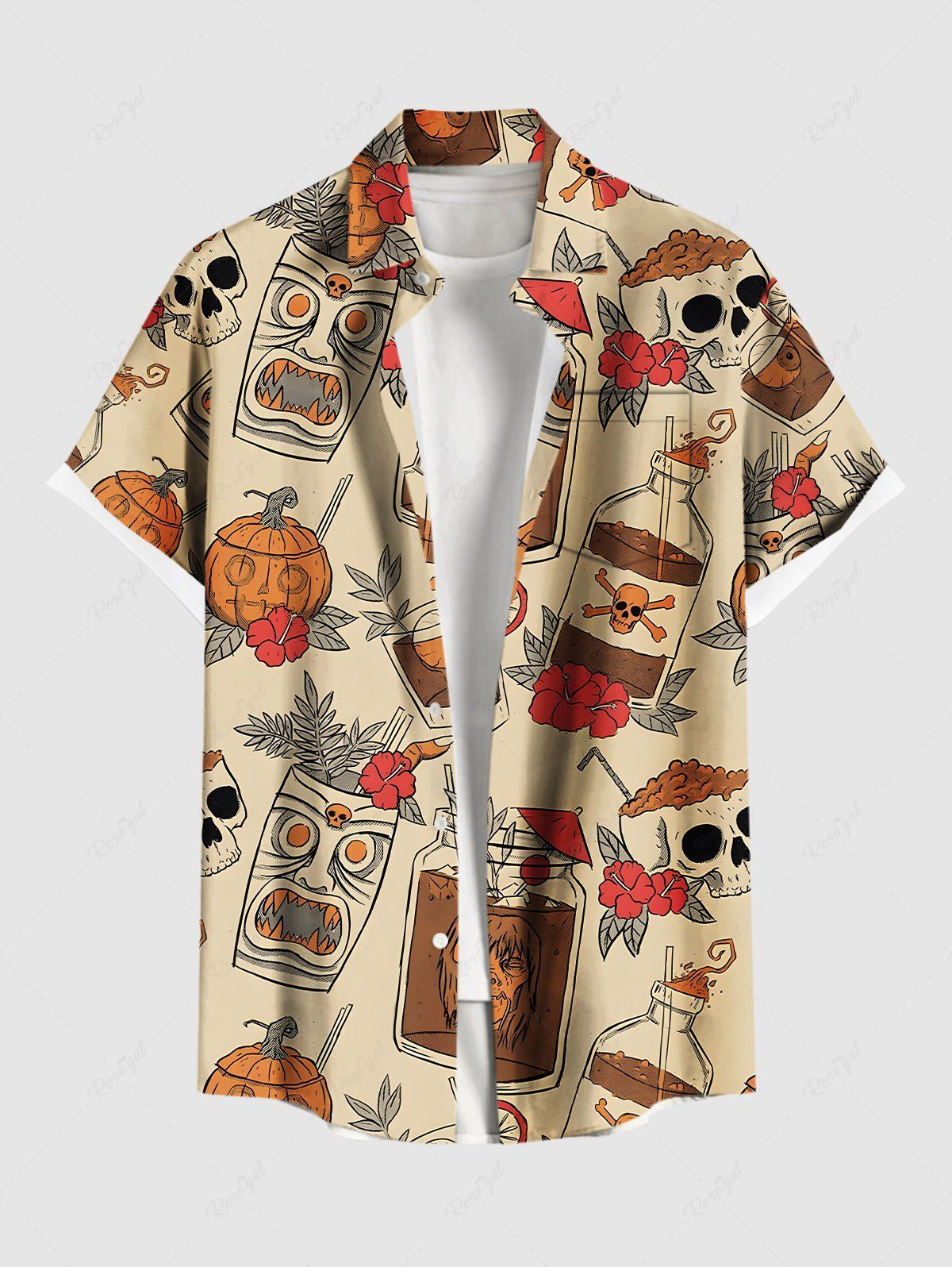 Chemise grande taille à imprimé tête de mort, fleur, citrouille, masque, Halloween, boutonnée, poche, pour homme café lumière 3XL
