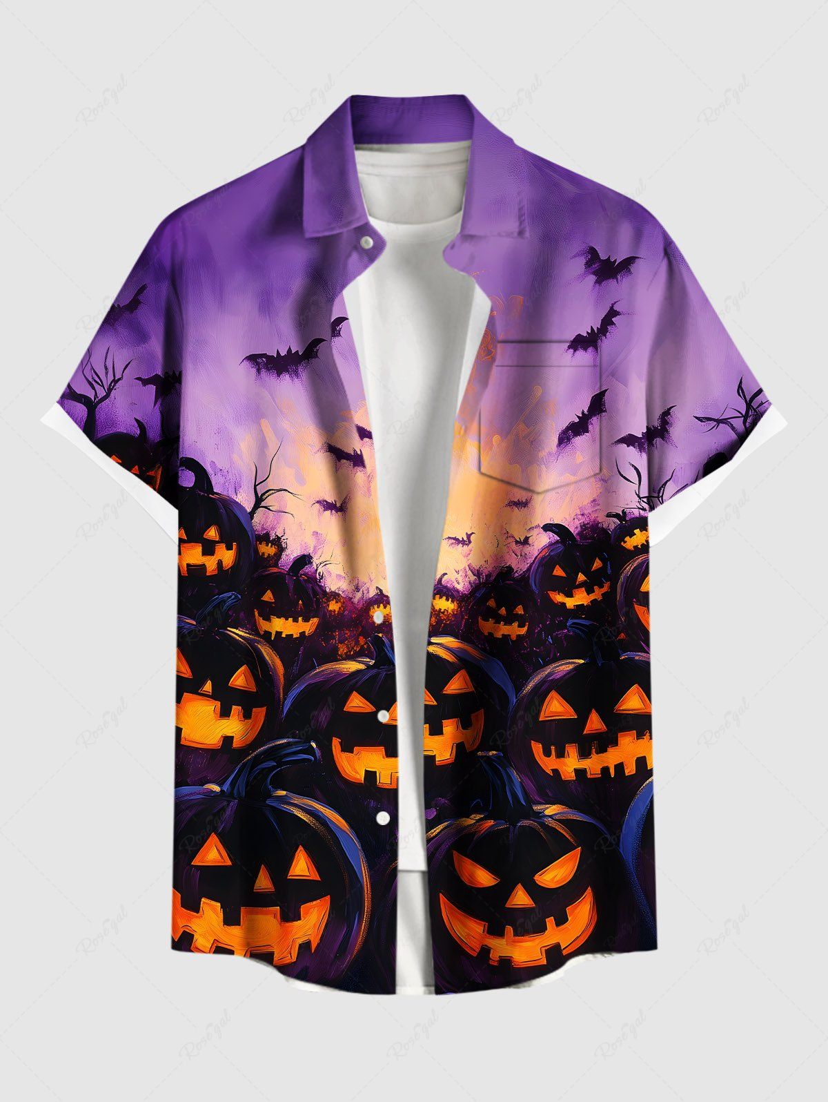 Chemise grande taille à imprimé citrouille, lanterne, chauve-souris, galaxie, Halloween, boutonnée et poche pour homme Violet clair 5XL
