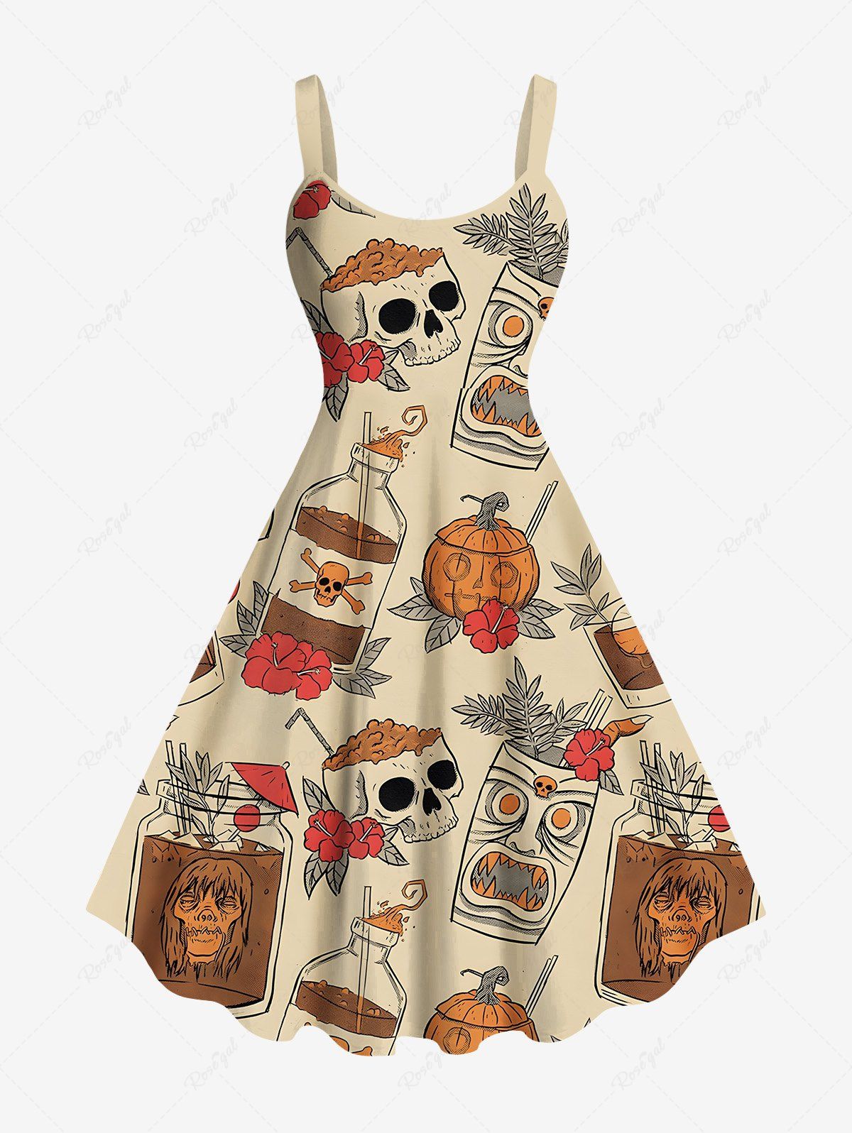 Outfits Plus Size Skull Flower Pumpkin Mask Print Halloween Costume A Line Tank Dress  