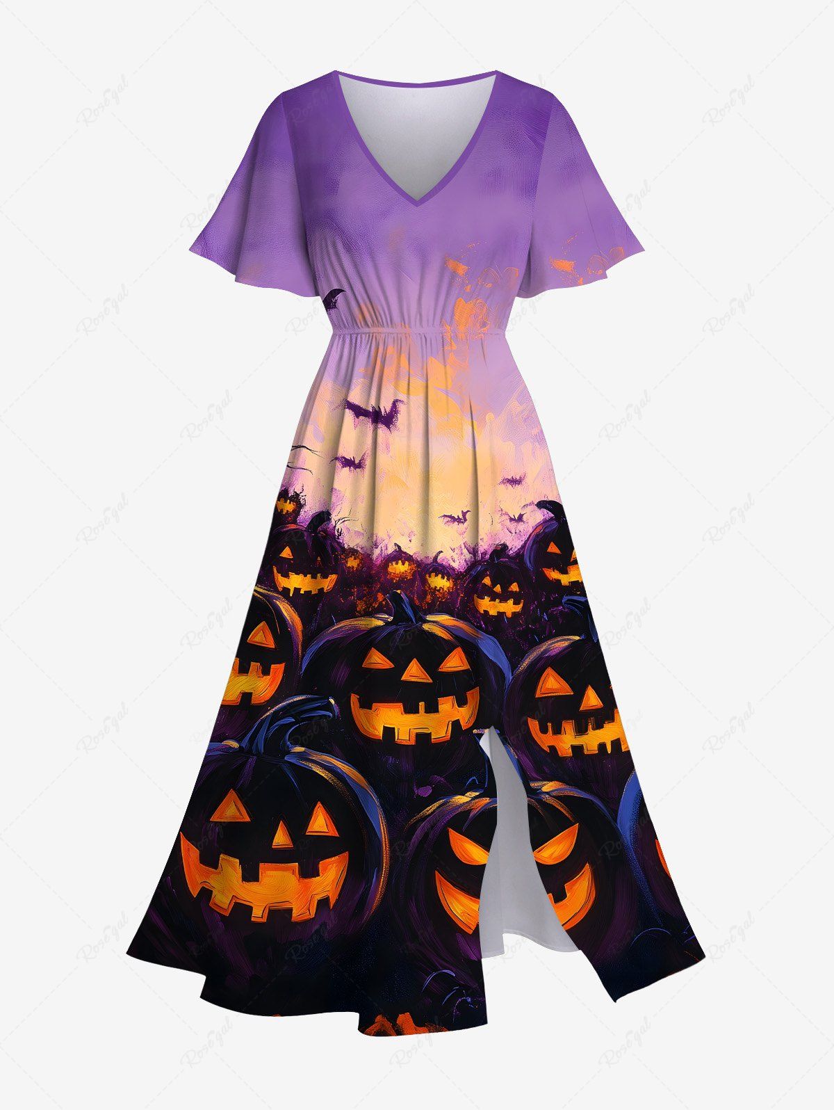 Chic Plus Size Pumpkin Lantern Bat Galaxy Print Halloween Costume Split Pocket A Line Midi Dress  