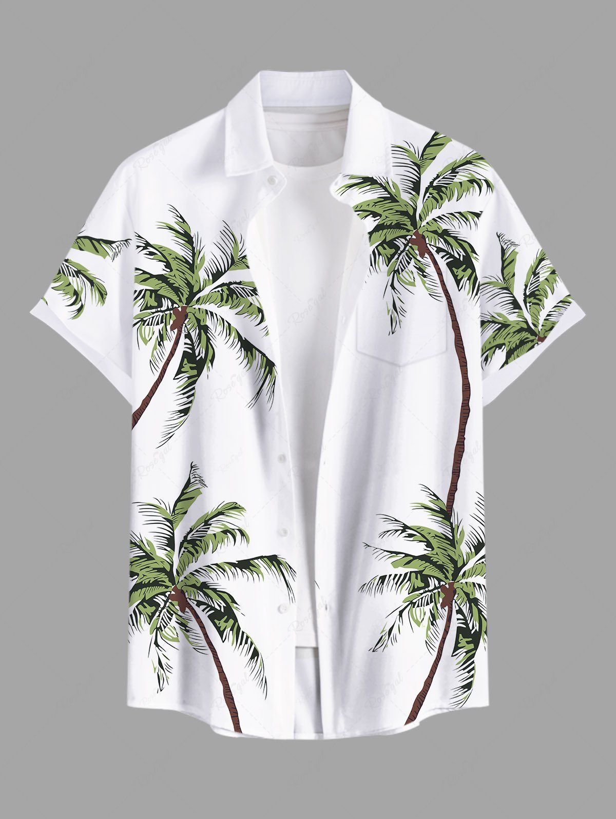 New Plus Size Coconut Tree Print Buttons Pocket Hawaii Shirt For Men  