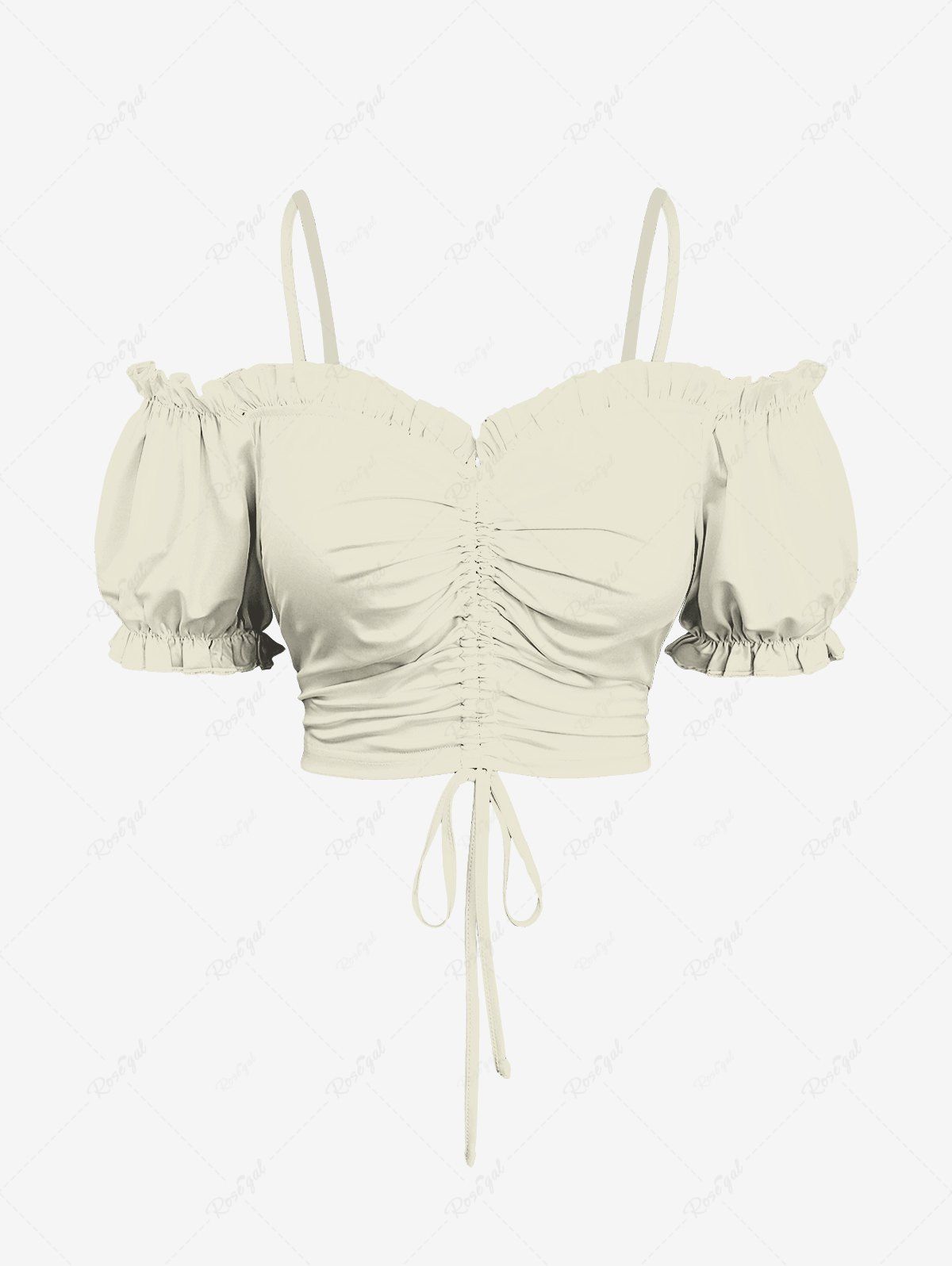 Affordable Plus Size Cold Shoulder Puff Sleeve Solid Cinched Top  