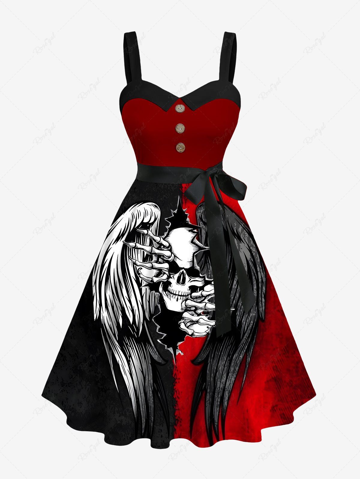 Robe trapèze boutonnée avec ceinture amovible, motif tête de mort déchirée, deux tons, plumes et ailes, grande taille Rouge XS