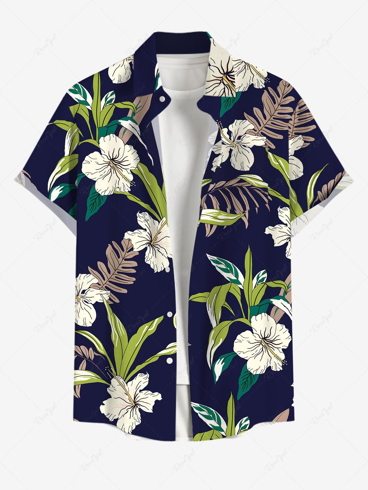 Chemise hawaïenne grande taille à imprimé feuilles tropicales et fleurs d'hibiscus pour homme Noir 5XL