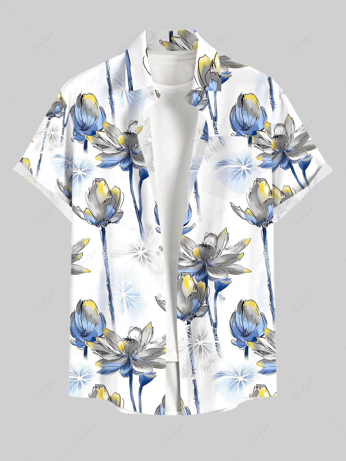 Chemise hawaïenne grande taille à imprimé fleur de lotus et poches boutonnées pour homme Blanc XL
