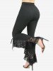 Ruched Solid Top and Skull Fishnet Mesh Lace Up Ruffles Flare Pants Plus Size Outfit -  