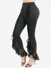 Ruched Solid Top and Skull Fishnet Mesh Lace Up Ruffles Flare Pants Plus Size Outfit -  