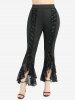Ruched Solid Top and Skull Fishnet Mesh Lace Up Ruffles Flare Pants Plus Size Outfit -  