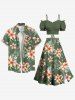 Tenue de plage hawaïenne assortie grande taille à imprimé feuilles tropicales et fleurs pour couples - Vert 
