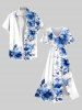 Plus Size Flowers Leaf Print Split Hawaii Midi Dress -  