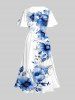 Plus Size Flowers Leaf Print Split Hawaii Midi Dress -  