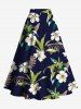 Jupe trapèze fendue hawaïenne grande taille à imprimé feuilles tropicales et fleurs d'hibiscus - Noir 5X