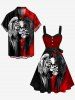 Plus Size Ink Painting Skull Ripped Two Tone Feather Wings Print Halloween Costume Button A Line Dress with Removable Belt -  