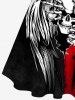 Plus Size Ink Painting Skull Ripped Two Tone Feather Wings Print Halloween Costume Button A Line Dress with Removable Belt -  
