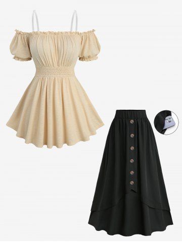 Ruched Bust Elastic Waist Top and Mock Button Layered Pocket A Line Skirt Plus Size Outfit