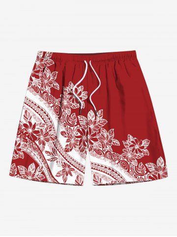 Plus Size Tropical Leaf Hibiscus Flower Ethnic Print Hawaii Drawstring Beach Shorts For Men - RED - 8XL