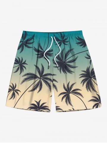 Plus Size Coconut Tree Ombre Print Hawaii Drawstring Pocket Beach Shorts For Men - GREEN - 8XL