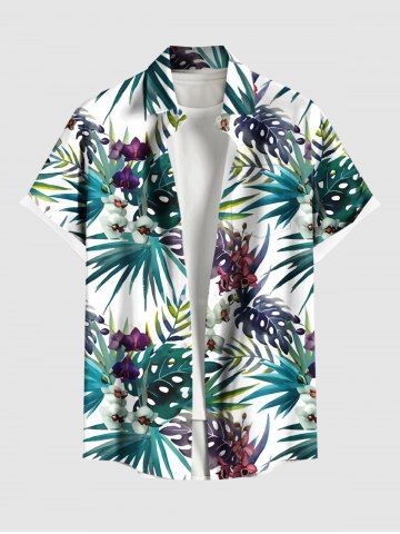 Plus Size Tropical Leaf Flower Print Hawaii Button Pocket Shirt For Men - GREEN - S