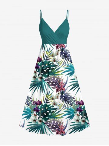Plus Size Tropical Leaf Flower Print Hawaii Surplice A Line Cami Dress - GREEN - 6X