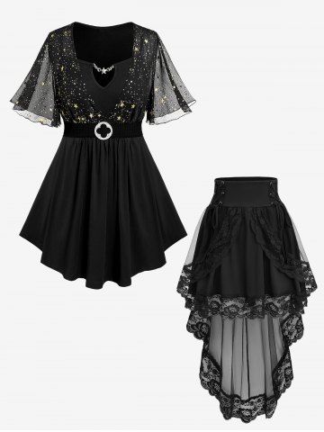 Star Print Chain Panel Belted T-Shirt and Floral Lace Overlay Lace-up Peplum Hem A Line Skirt Plus Size Outfit