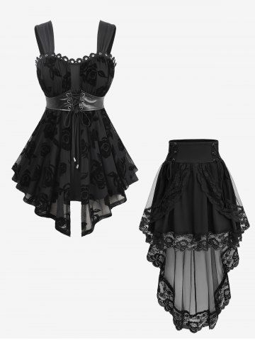Rose Flower Flocking Lace-up Tank Top and Ruched Lace Overlay Peplum Hem A Line Skirt Plus Size Outfit - BLACK