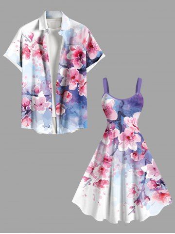Watercolor Peach Blossom Flowers Print Plus Size Matching Hawaii Beach Outfit For Couples