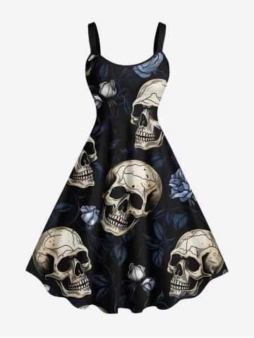 Plus Size Halloween Skulls Rose Flowers Print Tank Dress - BLACK - 2X