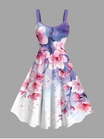 Plus Size Watercolor Peach Blossom Flowers Print Hawaii Tank Dress