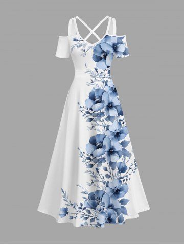Plus Size Flowers Leaf Print Cold Shoulder Crisscross Hawaii Maxi Dress - WHITE - XXS