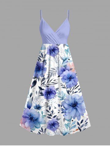 Plus Size Flowers Leaf Print Surplice Hawaii Cami Dress - LIGHT PURPLE - 4X