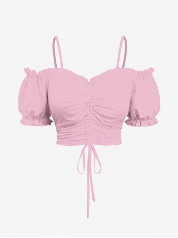 Plus Size Cinched Ruched Ruffles Cold Shoulder Cami Top