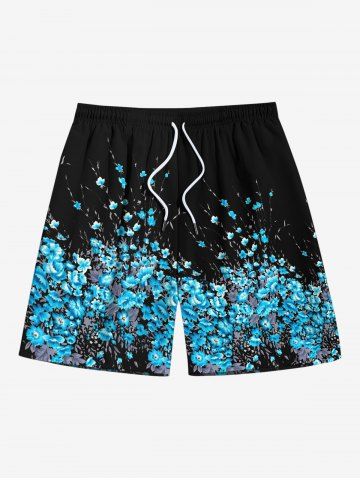 Plus Size Flowers Leaf Print Hawaii Beach Shorts For Men - BLACK - 8XL