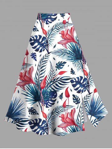 Plus Size Flowers Tropical Leaf Print Split Hawaii Skirt - BLUE - M