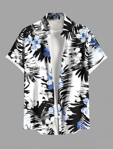 Plus Size Tropical Leaf Flower Print Hawaii Button Pocket Shirt For Men - WHITE - 5XL