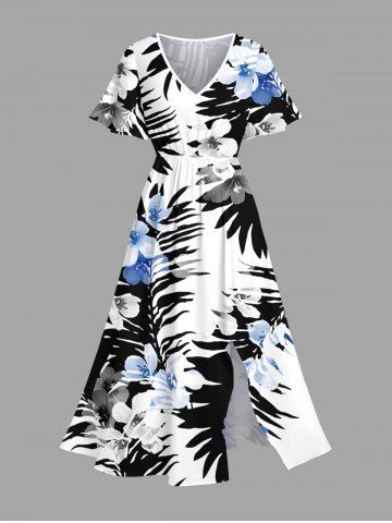 Plus Size Tropical Leaf Flower Print Hawaii Split Pocket A Line Midi Dress - BLACK - XXS