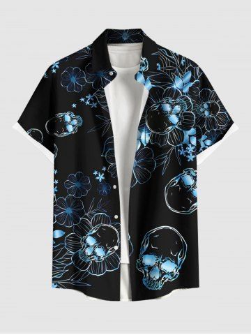 Plus Size Skull Leaf Flower Print Halloween Button Pocket Shirt For Men - BLACK - 6XL