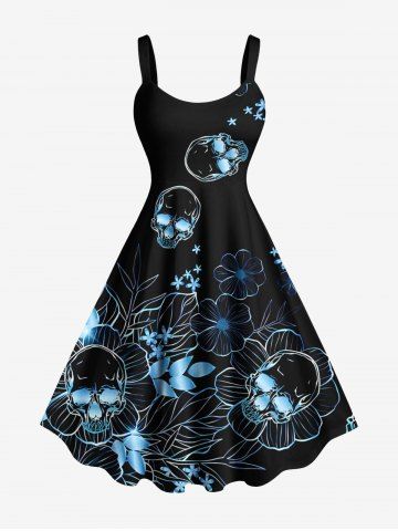 Plus Size Skull Leaf Flower Print Halloween Costume A Line Tank Dress - BLACK - XXS