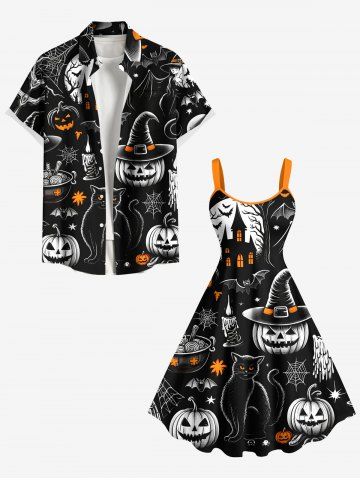 Halloween Costume Pumpkin Wizard Cat Spider Web Bat Castle Print Plus Size Matching Outfit For Couples - BLACK