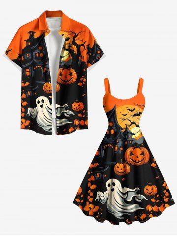 Halloween Costume Pumpkin Ghost Tree Castle Bat Moon Print Plus Size Matching Outfit For Couples - BLACK