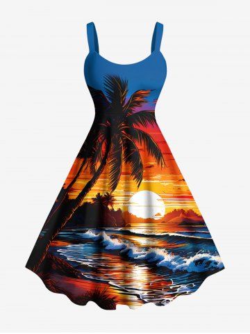 Plus Size Coconut Tree Sunset Sea Waves Print Hawaii A Line Tank Dress - BLUE - 1X