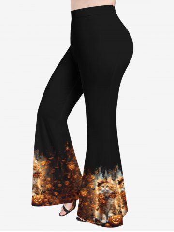 Plus Size Pumpkin Lantern Cat Flower Print Halloween Flare Pants - BLACK - 1X