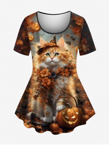 Plus Size Pumpkin Lantern Cat Flower Printed Halloween Women T-shirt - BLACK - 1X